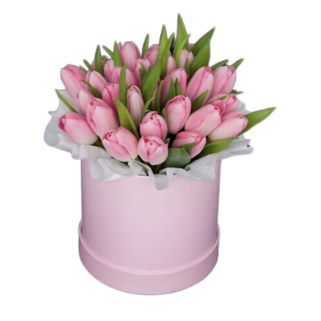 Букет цветов "Шляпная коробка из розовых тюльпанов"